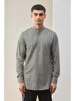 Genes Lecoanet Hemant - Wool Blend Mandarin Neck Stripes Regular Fit Grey Kurta
