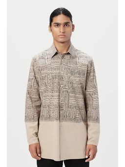 Genes Lecoanet Hemant - Poplin Collar Neck Printed Regular Fit Beige Kurta