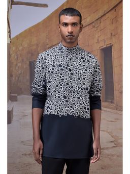 Genes Lecoanet Hemant - Poplin Mandarin Neck Abstract Straight Fit Black Kurta