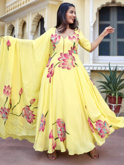 Lavanya The Label - Yellow Silk Anarkali Kurta and Pant with Dupatta (Set of 3)