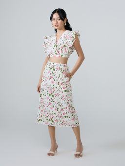 Twenty Dresses by Nykaa Fashion - Off White V Neck Crop Top with Midi Skirt Co-Ord (Set of 2)