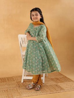 Fabindia - Green Cotton Silk Printed Kurta, Dupatta and Churidar Set