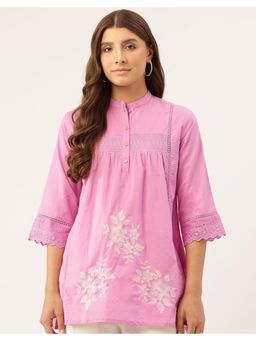 STUDIO MISRI - Pink Floral Embroidered Mandarin Tunic