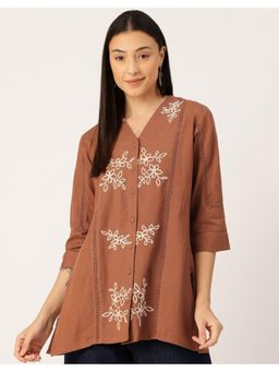 STUDIO MISRI - Brown Embroidered Button Closure Floral Tunic