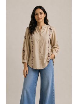 STUDIO MISRI - Beige Floral Embroidered Mandarin Shirt