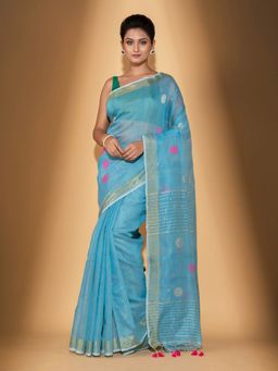 Beatitude - Blue Blended Cotton Woven Saree with Unstitched Blouse