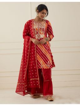 Zari Jaipur - Suit Stitched with Cotton Silk Fabric Red (Set of 3)