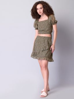 FabAlley - Olive Floral Smocked Top and Ruffled Mini Skirt (Set of 2)