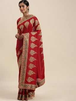 Akhilam - Womens Silk Blend Red Embellished Designer Saree with Unstitched Blouse