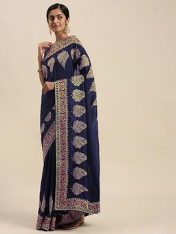 Akhilam - Womens Silk Blend Navy Blue Embellished Designer Saree with Unstitched Blouse