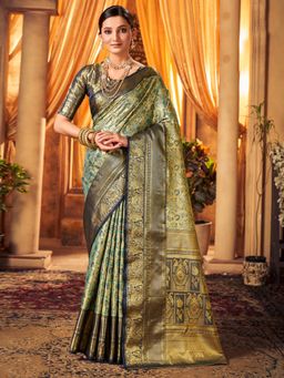 Akhilam - Womens Silk Blend Navy Blue Woven Designer Saree with Unstitched Blouse