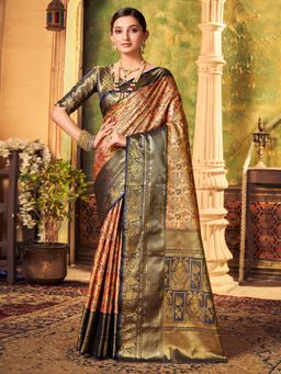 Akhilam - Womens Silk Blend Navy Blue Woven Designer Saree with Unstitched Blouse