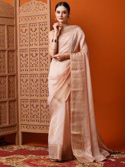 Akhilam - Womens Organza Peach Solid Designer Saree with Unstitched Blouse