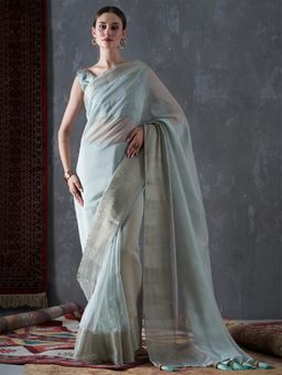 Akhilam - Womens Organza Sea Green Solid Designer Saree with Unstitched Blouse