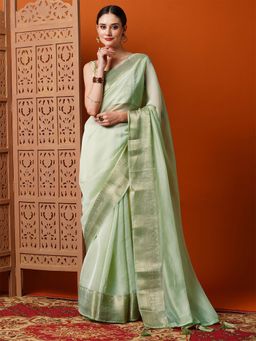 Akhilam - Womens Organza Light Green Solid Designer Saree with Unstitched Blouse