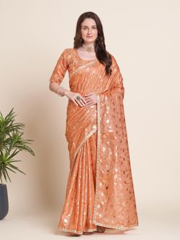 Akhilam - Womens Kota Doria Cotton Peach Embellished Designer Saree with Unstitched Blouse