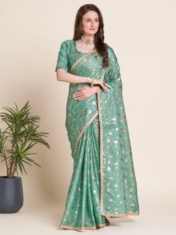 Akhilam - Womens Kota Doria Cotton Sea Green Embellished Designer Saree with Unstitched Blouse