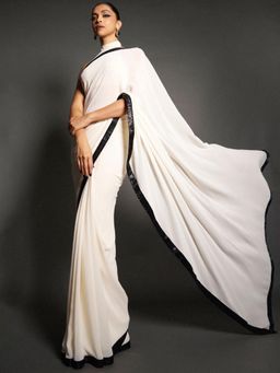 Akhilam - Womens Georgette Off White Embellished Celebrity Saree with Unstitched Blouse