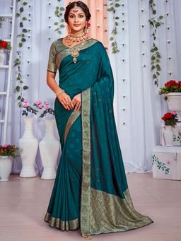 Sareemall - Womens Pure Silk Teal Blue Embellished Designer Saree with Unstitched Blouse