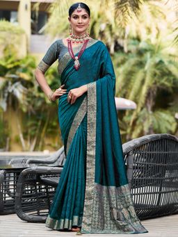 Sareemall - Womens Pure Silk Teal Blue Embellished Designer Saree with Unstitched Blouse