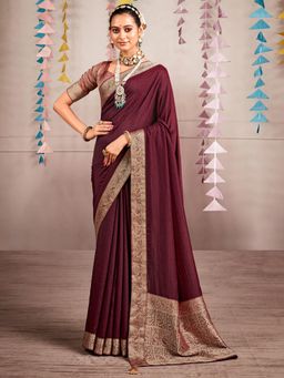 Sareemall - Womens Pure Silk Burgundy Embellished Designer Saree with Unstitched Blouse