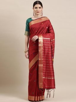 Sareemall - Womens Cotton Silk Maroon Woven Design Handloom Saree with Unstitched Blouse