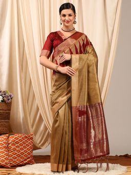 Akhilam - Womens Silk Cotton Beige Woven Designer Saree with Unstitched Blouse