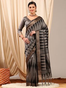 Akhilam - Womens Silk Cotton Grey Woven Designer Saree with Unstitched Blouse