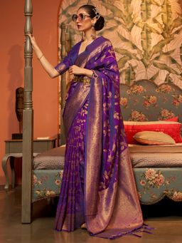 Akhilam - Womens Silk Blend Purple Woven Designer Saree with Unstitched Blouse