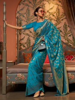 Akhilam - Womens Silk Blend Blue Woven Designer Saree with Unstitched Blouse