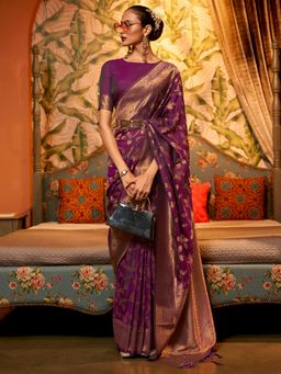 Akhilam - Womens Silk Blend Magenta Woven Designer Saree with Unstitched Blouse