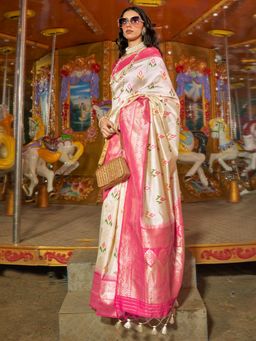 Akhilam - Womens Silk Blend Cream Woven Designer Saree with Unstitched Blouse