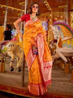 Akhilam - Womens Silk Blend Yellow Woven Designer Saree with Unstitched Blouse