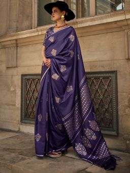 Akhilam - Womens Satin Silk Navy Blue Woven Designer Saree with Unstitched Blouse