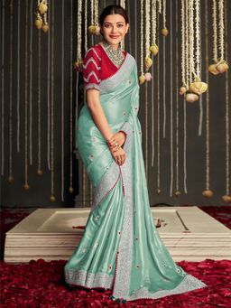 Akhilam - Womens Satin Silk Turquoise Blue Embellished Designer Saree with Unstitched Blouse