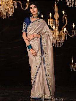 Akhilam - Womens Silk Blend Cream Embroidered Designer Saree with Unstitched Blouse