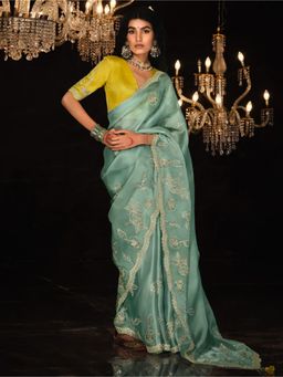 Akhilam - Womens Organza Turquoise Embellished Designer Saree with Unstitched Blouse