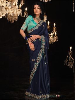 Akhilam - Womens Chiffon Navy Blue Embellished Designer Saree with Unstitched Blouse