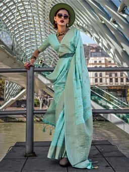 Akhilam - Womens Silk Blend Light Blue Woven Designer Saree with Unstitched Blouse