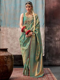 Sareemall - Womens Silk Blend Sea Green Woven Designer Saree with Unstitched Blouse
