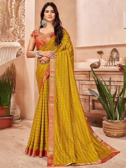 Akhilam - Womens Vichitra Silk Olive Printed Designer Saree with Unstitched Blouse