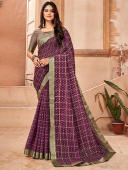 Akhilam - Womens Vichitra Silk Purple Printed Designer Saree with Unstitched Blouse