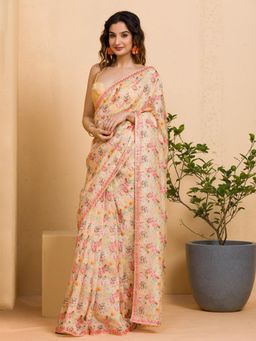 Akhilam - Womens Chiffon Cream Embellished Celebrity Saree with Unstitched Blouse