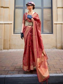 Akhilam - Womens Organza Maroon Woven Designer Saree with Unstitched Blouse