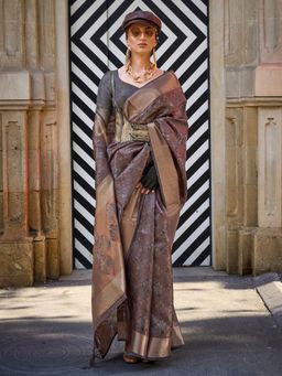 Akhilam - Womens Organza Charcoal Grey Woven Designer Saree with Unstitched Blouse