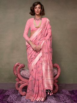Akhilam - Womens Silk Blend Pink Woven Designer Saree with Unstitched Blouse