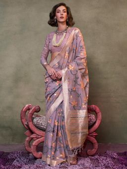 Akhilam - Womens Silk Blend Lavender Woven Designer Saree with Unstitched Blouse