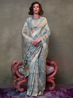 Akhilam - Womens Silk Blend Grey Woven Designer Saree with Unstitched Blouse