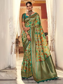 Akhilam - Womens Satin Silk Sea Green Printed Designer Saree with Unstitched Blouse