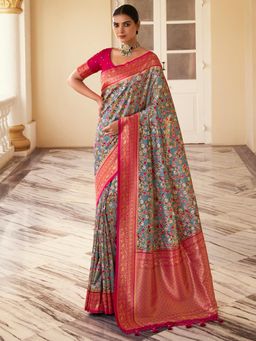 Akhilam - Womens Satin Silk Grey Printed Designer Saree with Unstitched Blouse